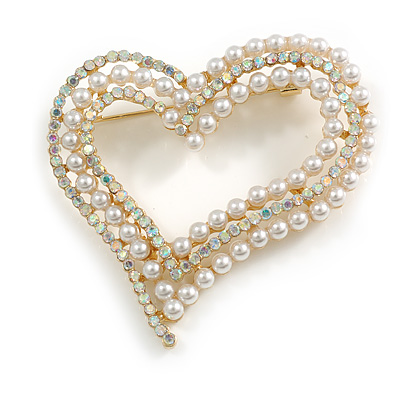 AB Crystal White Faux Pearl Assymetrical Open Large Heart Brooch In Gold Tone - 55mm Across