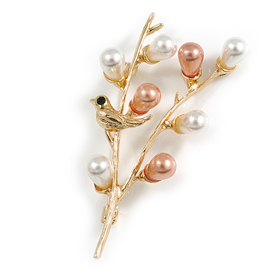White/Brown Faux Pearl Floral Brooch in Gold Tone - 60mm Tall