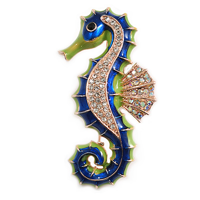Bright Green/ Blue Enamel Crystal Seahorse Brooch/ Pendant in Gold Tone Metal - 55mm Tall