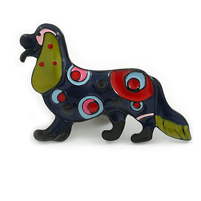 Multicoloured Enamel Spaniel Dog Brooch in Black Tone - 65mm Across
