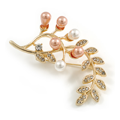 White/Brown Faux Pearl Clear Crystal Floral Brooch in Gold Tone - 60mm Tall - main view