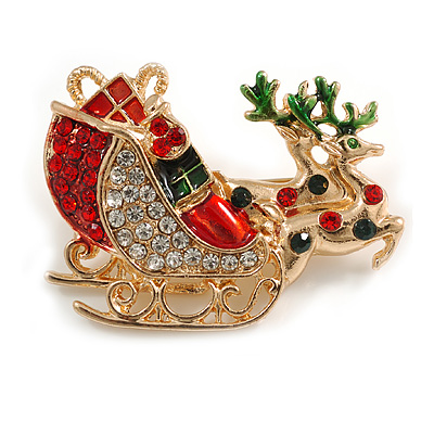Gold Tone Red/ Green Enamel Crystal Christmas Sleigh Brooch - 45mm Across - main view