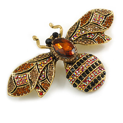 Large Crystal Bumble Bee Insect Brooch in Gold Tone - 75mm Across - main view