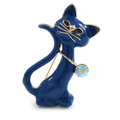 Lucky Blue Enamel Cat Brooch in Gold Tone - 50mm Tall