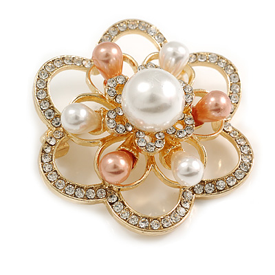 Faux Pearl Bead Clear Crystal Layered Flower Brooch in Gold Tone - 45mm Diameter