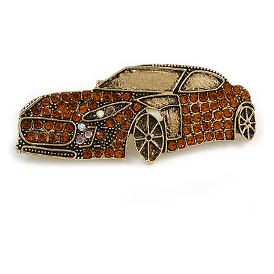 Vintage Inspired Topaz Coloured Crystal Racing Car Brooch in Gold Tone - 55mm Across