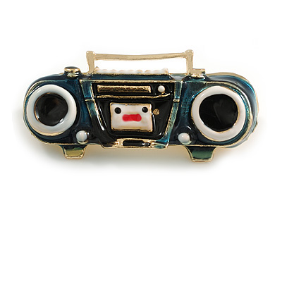 Retro Style Tape Recorder Quirky Brooch in Gold Tone - 40mm Across