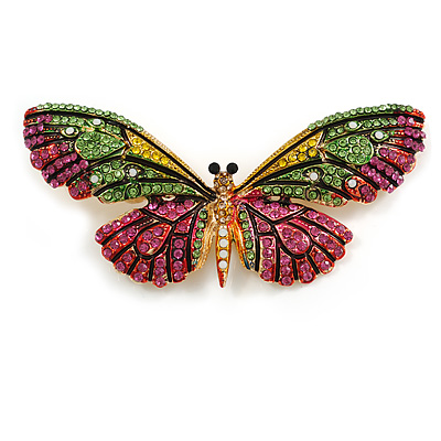 Large Multicoloured Crystal Butterfly Brooch In Gold Tone - 80mm Across