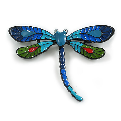 Multicoloured Enamel Dragonfly Brooch in Black Tone - 70mm Across - main view