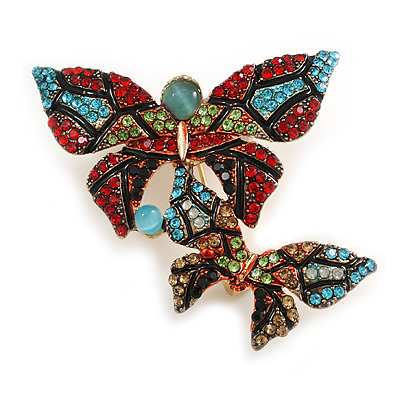 Multicoloured Crystal Double Butterfly Brooch in Gold Tone - 45mm Across - main view