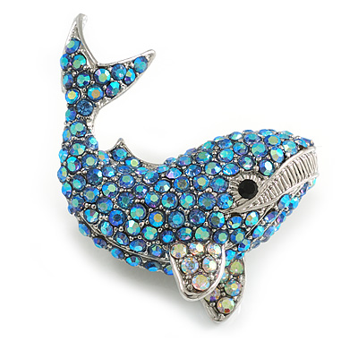 Stunning Crystal Blue Whale Brooch in Silver Tone - 40mm Across - main view