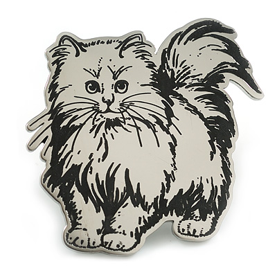 Silver Tone Etched Cat Kitty Brooch - 40mm Tall