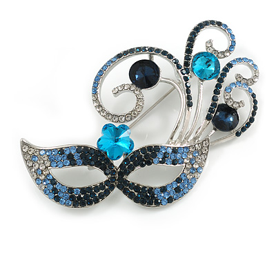 Statement Blue/Clear Crystal Carnival Mask Brooch in Silver Tone - 70mm Across
