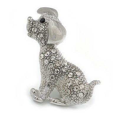 Clear Crystal Puppy Dog Brooch in Silver Tone - 40mm Tall - main view
