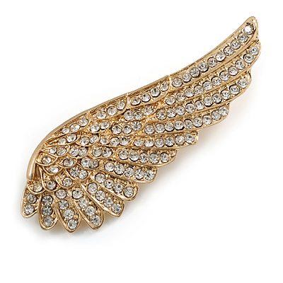 Large Clear Crystal Wing Brooch in Gold Tone - 70mm Across