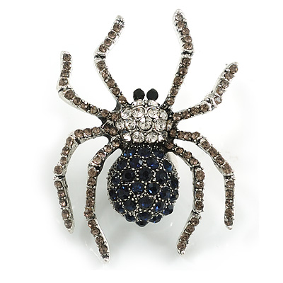 Dark Blue/ Grey/ Clear Spider Brooch in Aged Silver Tone - 50mm Tall - main view