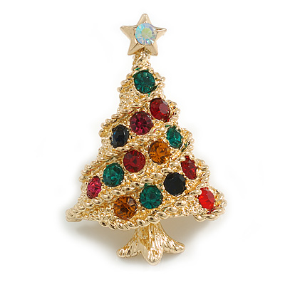 Multicoloured Crystals Christmas Tree Brooch In Gold Tone - 45mm Tall