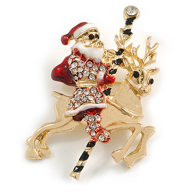 Red/White/Black Enamel Clear Crystal Santa Claus and Reindeer Christmas Brooch in Gold Tone - 55mm Tall