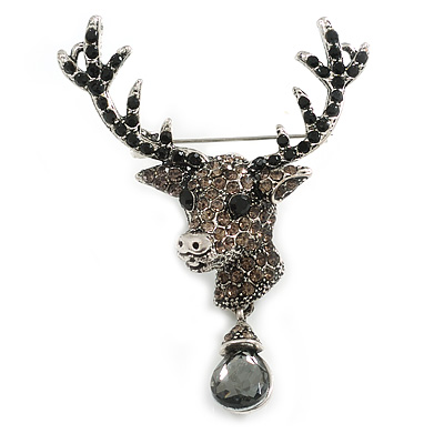 Statement Grey Coloured Crystal Stags Head Brooch/ Pendant In Aged Silver Tone - 70mm Tall