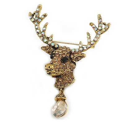 Statement Ab/Topaz Coloured Austrian Crystal Stags Head Brooch/ Pendant In Aged Gold Tone - 70mm Length
