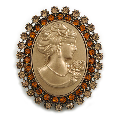 Vintage Inspired Orange/Citrine Crystal Brone Acrylic Cameo in Aged Gold Tone Finish - 40mm Tall