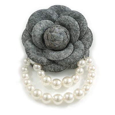 Large Grey Layered Felt Fabric Rose Flower with White Faux Pearl Beaded Dangle Brooch/65mm Diameter/10.5cm Total Drop - main view