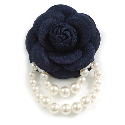 Large Dark Blue Layered Felt Fabric Rose Flower with White Faux Pearl Beaded Dangle Brooch/65mm Diameter/10.5cm Total Drop