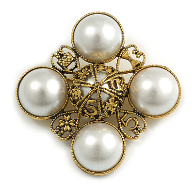 Vintage Inspired Faux Pearl Filigree Cross Brooch/Pendant in Aged Gold Tone - 40mm Tall