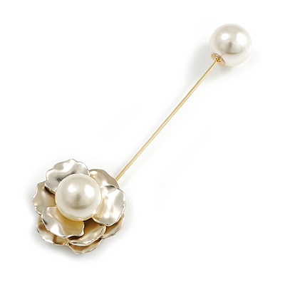 Layered Flower with Pearl Bead Lapel, Hat, Suit, Tuxedo, Collar, Scarf, Coat Stick Brooch Pin In Gold Tone Metal/80mm Long