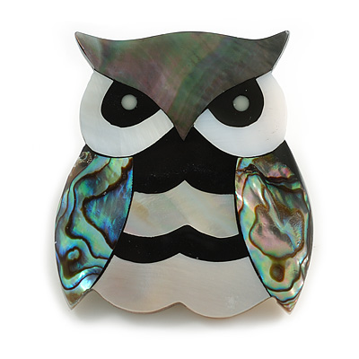 Mother Of Pearl Abalone Owl Brooch in Grey/Silver/Black - 45mm Long - main view