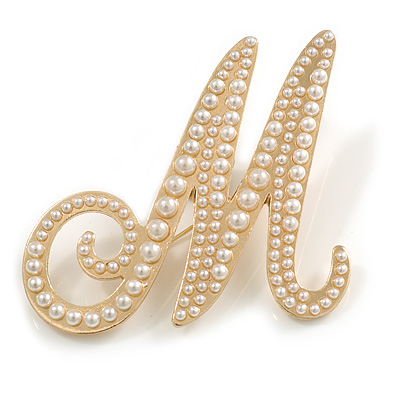 'M' Large Gold Plated White Faux Pearl Letter M Alphabet Initial Brooch Personalised Jewellery Gift - 55mm Tall