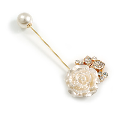 Clear Crystal White Acrylic Rose Flower Lapel, Hat, Suit, Tuxedo, Collar, Scarf, Coat Stick Brooch Pin in Gold Tone/80mm L