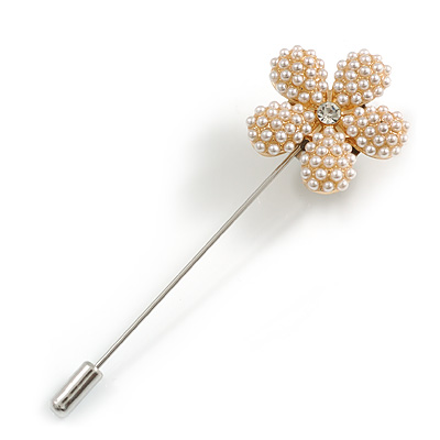 White Faux Pearl Daisy Flower Lapel, Hat, Suit, Tuxedo, Collar, Scarf, Coat Stick Brooch Pin in Silver Tone - 80mm L
