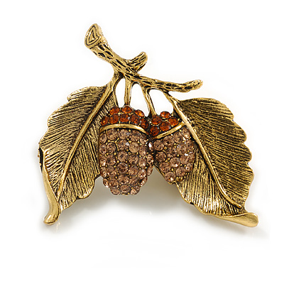 Vintage Inspired Crystal Acorn Brooch in Aged Gold Tone - 40mm Across