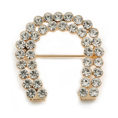 Clear Crystal Lucky Horseshoe Brooch in Gold Tone - 35mm Tall - main view