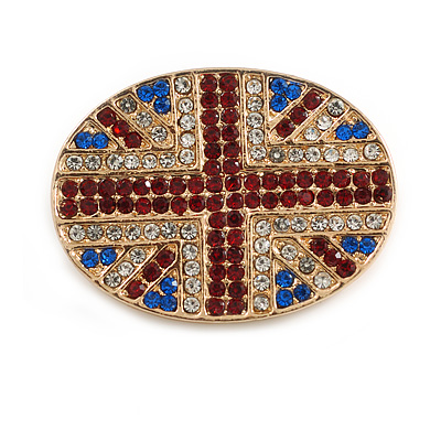Union Jack Red/Blue/Clear Crystal Oval Brooch in Gold Tone - 30mm Across