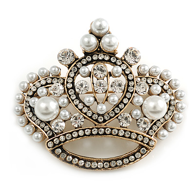 Clear Crystal Simulated Pearl 'Queenie' Crown Brooch In Aged Gold Tone Metal - 50mm Across - main view