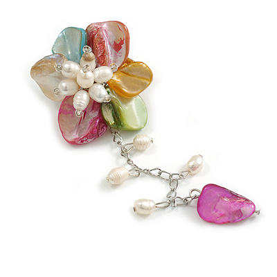 55mm D/Shell with Freshwater Pearls Chain with Charms Asymmetric Flower Brooch/Pastel Multi/Slight Variation In Colour/Size/Shape/Natural Irregulariti