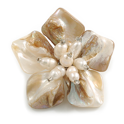 50mm/Antique White Shell with Freshwater Pearl Bead Asymmetric Flower Brooch/Handmade/Slight Variation In Colour/Size/Shape/Natural Irregularities