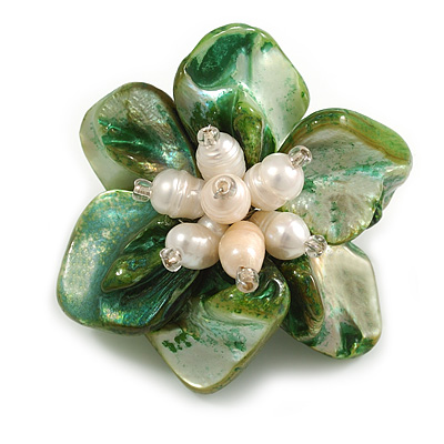 50mm/Green Shell with Freshwater Pearl Bead Asymmetric Flower Brooch/Handmade/Slight Variation In Colour/Size/Shape/Natural Irregularities - main view