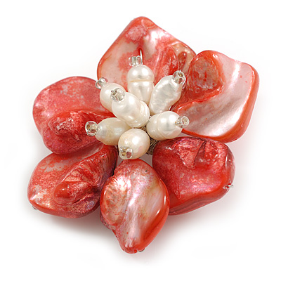 50mm/Red Shell with Freshwater Pearl Bead Asymmetric Flower Brooch/Handmade/Slight Variation In Colour/Size/Shape/Natural Irregularities