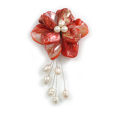 50mm D/Red Shell with Freshwater Pearl Bead Tassel Asymmetric Flower Brooch/Slight Variation In Colour/Size/Shape/Natural Irregularities