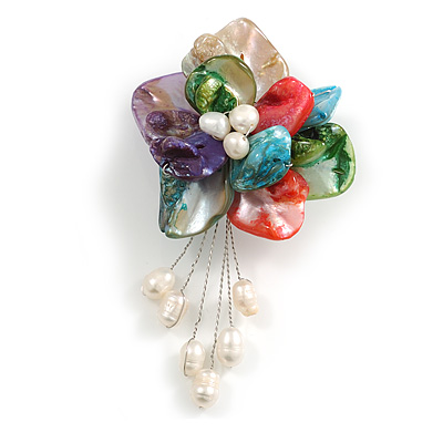 50mm D/Shell with Freshwater Pearl Bead Tassel Asymmetric Flower Brooch/Multicoloured/Slight Variation In Colour/Size/Shape/Natural Irregularities