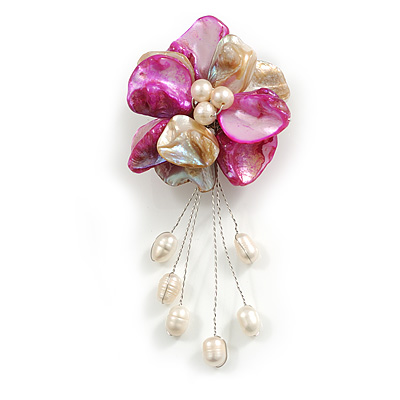 50mm D/Fuchsia/Cream Shell with Freshwater Pearl Bead Tassel Asymmetric Flower Brooch/Slight Variation In Colour/Size/Shape/Natural Irregularities