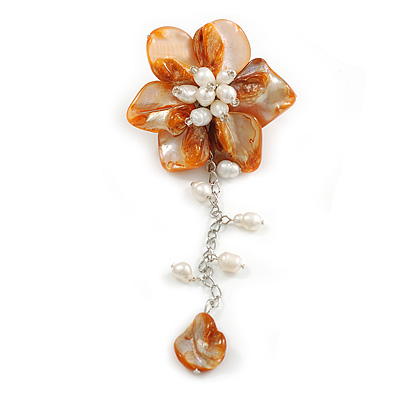 50mm D/Orange Shell and Freshwater Pearls Chain with Charms Asymmetric Flower Brooch/Slight Variation In Colour/Size/Shape/Natural Irregularities