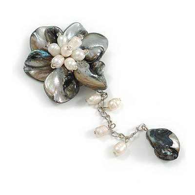 50mm D/Dark Grey/Black Shell and Freshwater Pearls Chain with Charms Asymmetric Flower Brooch/Slight Variation In Colour/Size/Shape/Natural Irregulari