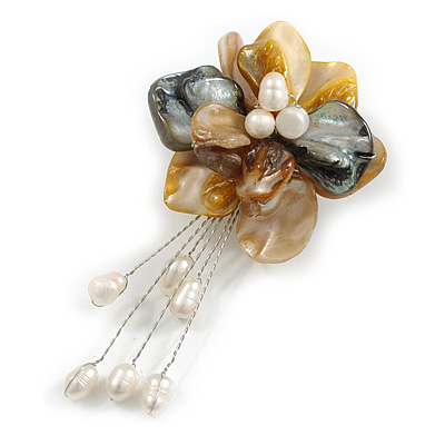 50mm D/Yellow/Cream/Black Shell with Freshwater Pearl Bead Tassel Asymmetric Flower Brooch/Slight Variation In Colour/Size/Shape/Natural Irregularitie