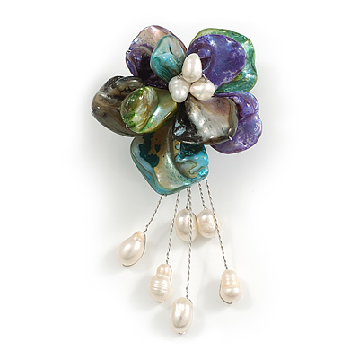 50mm D/Multicoloured Shell with Freshwater Pearl Bead Tassel Asymmetric Flower Brooch/Slight Variation In Colour/Size/Shape/Natural Irregularities