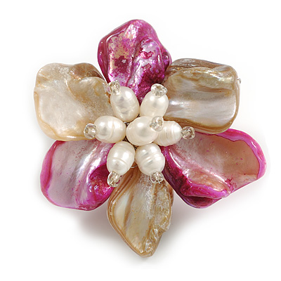 50mm/Fuchsia/Antique White Shell with Freshwater Pearl Bead Asymmetric Flower Brooch/Handmade/Slight Variation In Colour/Size/Shape/Natural Irregulari - main view