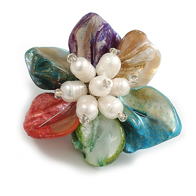 50mm/Vibrant Multi Shell with Freshwater Pearl Bead Asymmetric Flower Brooch/Handmade/Slight Variation In Colour/Size/Shape/Natural Irregularities - main view